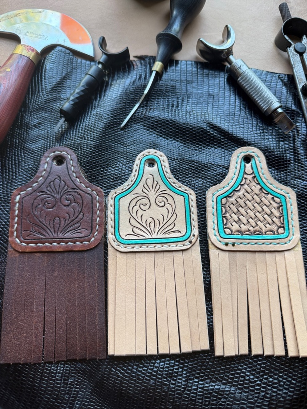 Handtooled Leather Fringe Key Fobs - Brown & Natural with Turquoise Accent